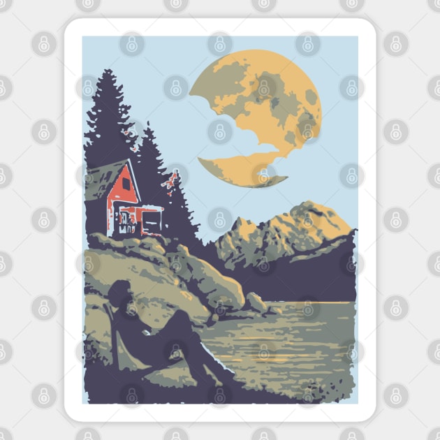 Lakeside Contemplation Under the Moon - Vintage Cabin Landscape Magnet by TuncGK
